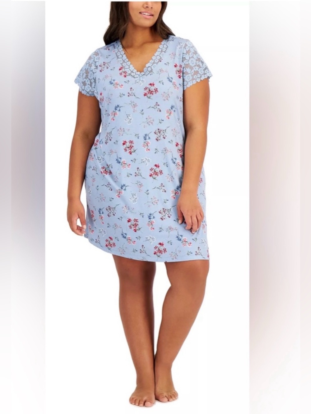 CHARTER CLUB Women’s Lace-Trim Floral Chemise nightgown Blue floral Sz XS